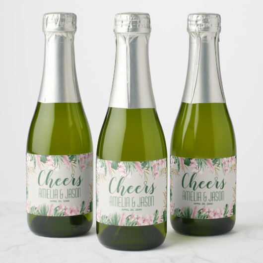 Waterverf Groenen en Roze Tropisch Sparkling Wijnetiket (Flessen)