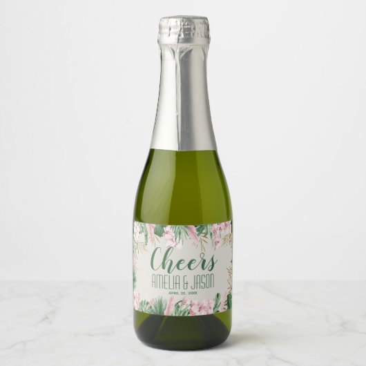 Waterverf Groenen en Roze Tropisch Sparkling Wijnetiket (Voorkant)