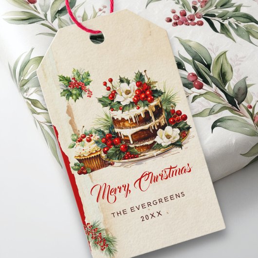 Waterverf Groenen Holly Berries Vrolijk Kerstfeest Cadeaulabel