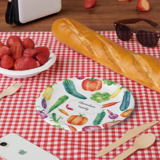 Waterverf groenten familie monogram papieren bordje (Picknick)