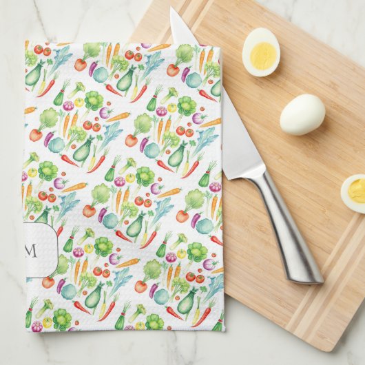 Waterverf groenten patroon met monogram theedoek (Quarter Fold)