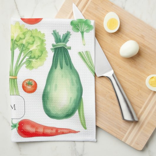 Waterverf groenten patroon met monogram theedoek (Quarter Fold)