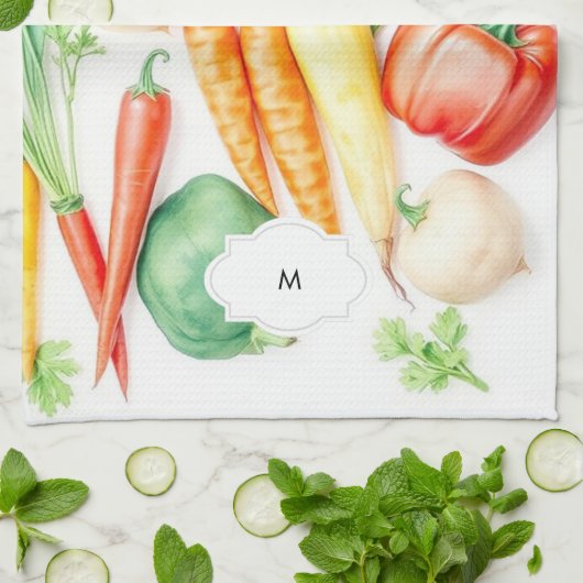 Waterverf groenten patroon monogram theedoek (Gevouwen)