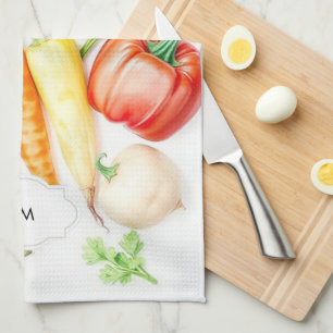 Waterverf groenten patroon monogram theedoek