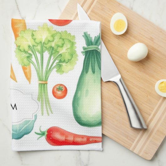 Waterverf groenten patroon monogram theedoek (Quarter Fold)