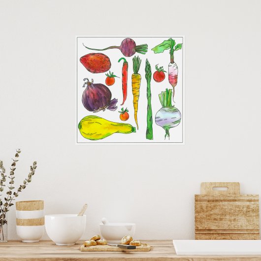 Waterverf groenten, wortelen en asperges poster (Keuken)