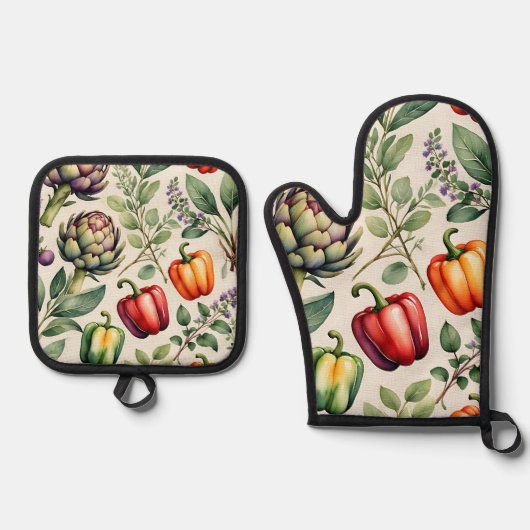 Waterverf Groentetuin Patroon Ovenwant & Pannenlap Set (Voorkant)