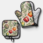 Waterverf Groentetuin Patroon Ovenwant & Pannenlap Set (Voorkant / Achterkant)