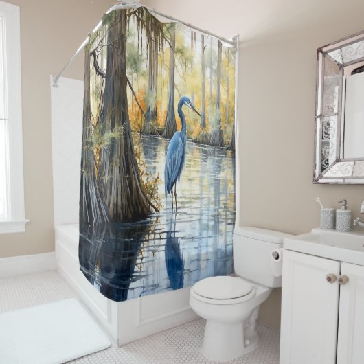 Waterverf Groot Blauw Heron Cypress Swamp Douchegordijn (In situ)