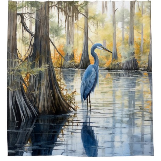 Waterverf Groot Blauw Heron Cypress Swamp Douchegordijn (Voorkant)