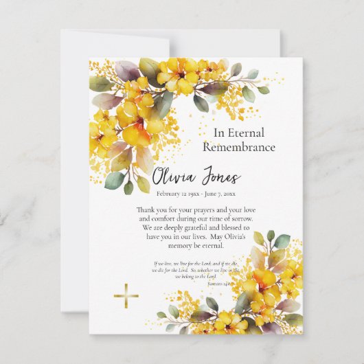 Waterverf Grote Gele Bloemen Begrafenis Bedankkaart (Voorkant)