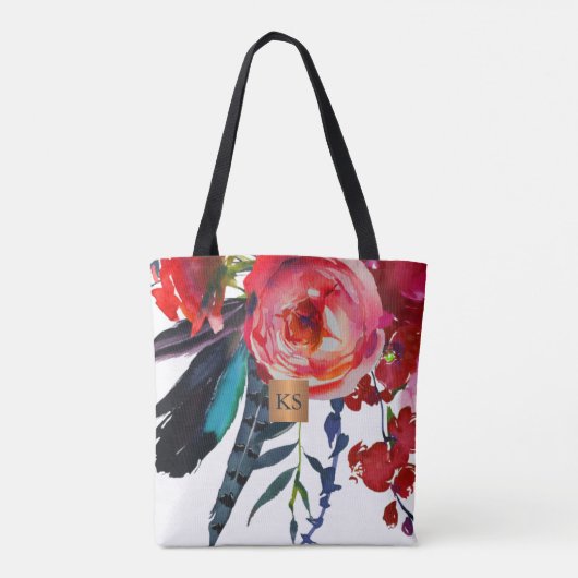 Waterverf grote pioenen metallic koper monogram tote bag (Achterkant)