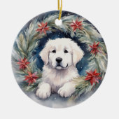 Waterverf Grote Pyreneeën Pup in Xmas krans Keramisch Ornament (Voorkant)