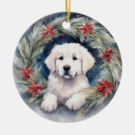Waterverf Grote Pyreneeën Pup in Xmas krans Keramisch Ornament