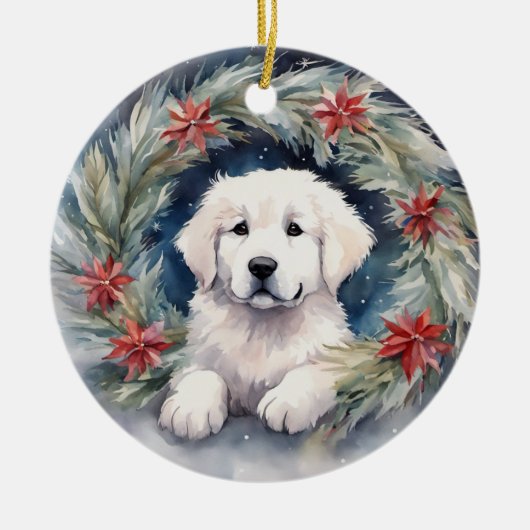 Waterverf Grote Pyreneeën Pup in Xmas krans Keramisch Ornament (Voorkant)