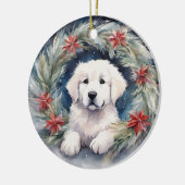 Waterverf Grote Pyreneeën Pup in Xmas krans Keramisch Ornament (Links)