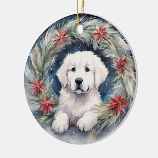 Waterverf Grote Pyreneeën Pup in Xmas krans Keramisch Ornament (Links)
