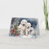 Waterverf Grote Pyreneeën Puppies 1 Xmas Scène Kaart (Voorkant)