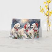 Waterverf Grote Pyreneeën Puppies 3 Xmas Scène Kaart (Gele Bloem)