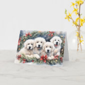 Waterverf Grote Pyreneeën Puppies 4 Xmas Scène Kaart (Gele Bloem)