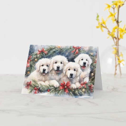 Waterverf Grote Pyreneeën Puppies 4 Xmas Scène Kaart (Gele Bloem)