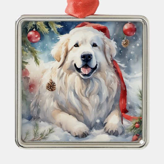 Waterverf Grote Pyreneeën Winter Xmas Scène 2 Metalen Ornament (Voorkant)