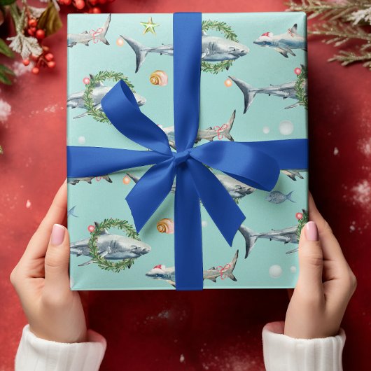 Waterverf grote witte haai rif kerst cadeaupapier