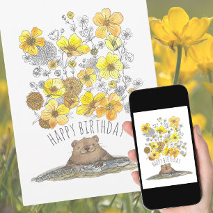 Waterverf Groundhog en Buttercups Happy Birthday Kaart