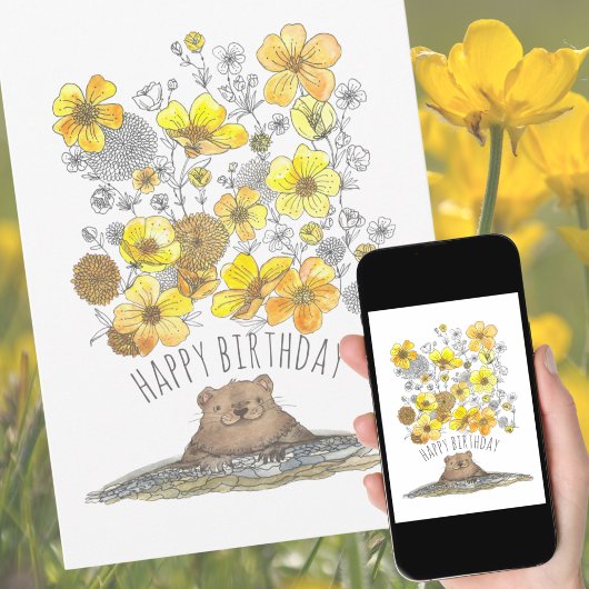 Waterverf Groundhog en Buttercups Happy Birthday Kaart