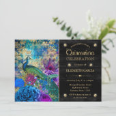 Waterverf Grunge Pauw en Bloemen Quinceanera Kaart (Staand voorkant)