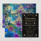 Waterverf Grunge Pauw en Bloemen Quinceanera Kaart (Voorkant / Achterkant)