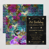 Waterverf Grunge Pauw en Bloemen Verjaardag Kaart (Voorkant / Achterkant)