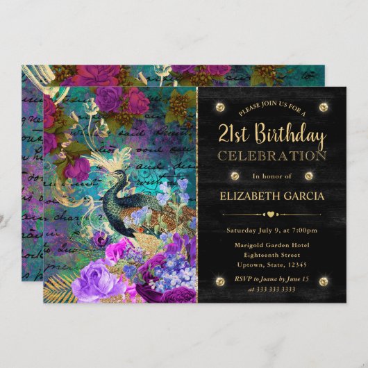 Waterverf Grunge Pauw en Bloemen Verjaardag Kaart (Voorkant / Achterkant)