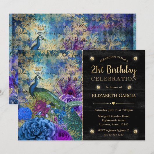 Waterverf Grunge Pauw en Bloemen Verjaardag Kaart (Voorkant / Achterkant)