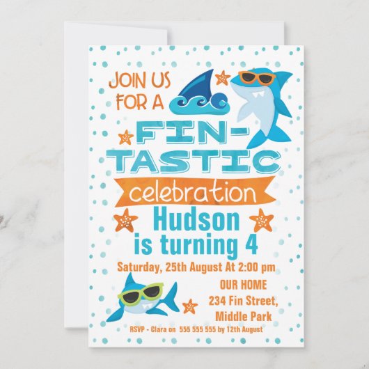 Waterverf haai Fin-tastic verjaardagsuitnodiging Kaart (Voorkant)