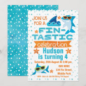 Waterverf haai Fin-tastic verjaardagsuitnodiging Kaart (Voorkant / Achterkant)