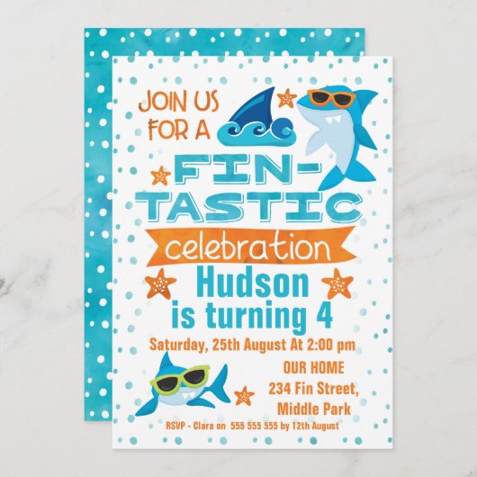 Waterverf haai Fin-tastic verjaardagsuitnodiging Kaart (Voorkant / Achterkant)