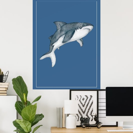 Waterverf haai op Deep Blue Nursery Art Poster (Thuiskantoor)