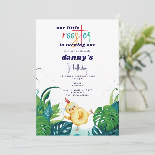 Waterverf Haan Elke Leeftijd Jongen 1e Verjaardag  Kaart (Staand voorkant)