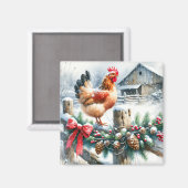 Waterverf Haan op een hek Post Christmas Magneet (Voorkant / Achterkant)