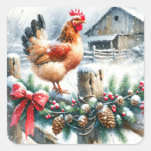 Waterverf Haan op een hek Post Christmas Vierkante Sticker (Voorkant)