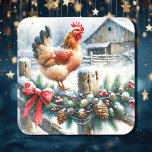 Waterverf Haan op een hek Post Christmas Vierkante Sticker<br><div class="desc">Ai waterverf illustratie van een tafereel op een rustiek boerderij met een schattige haan die op een hekpaal op een besneeuwde winterdag Kerst stickers staat.</div>