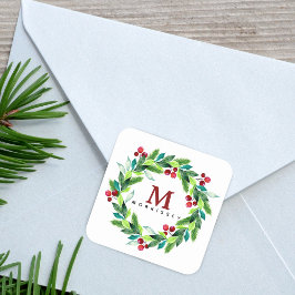 Waterverf Hallie en bessen krans monogram Vierkante Sticker