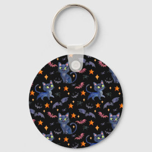 Waterverf Halloween afbeelding met zwarte katten Sleutelhanger