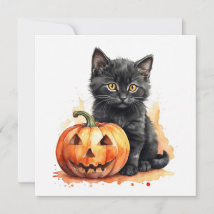 Waterverf Halloween Black Cat met pompoen Feestdagenkaart