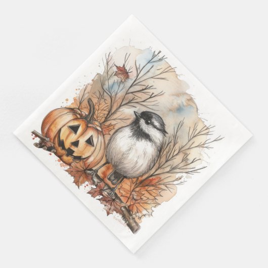 Waterverf Halloween Chickadee Vogel voor Decoupage Servet (Hoek)