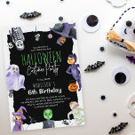 Waterverf Halloween Costume Kids Birthday Partij I Kaart<br><div class="desc">Cute & Scary Birthday Invitation for children,  geboren in oktober - Dit ontwerp van de Halloween Costume Party is voorzien van een trendy zwarte rand achtergrond,  met grappige waterverf kind karakters gekleed in een pooktaculaire fancy jurk. De leuke sjabloon van het moderne verjaardagsfeest is eenvoudig aan te passen.</div>