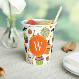 Waterverf Halloween Cupcakes en snoep Monogram Papieren Bekers
