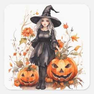 Waterverf Halloween Heks met Pompoenen Vierkante Sticker