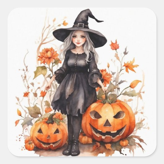 Waterverf Halloween Heks met Pompoenen Vierkante Sticker (Voorkant)